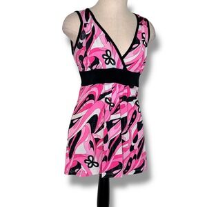 Vixen Tunic Top Medium Pink Abstract Psychedelic Floral V-Neck Y2K Retro USA